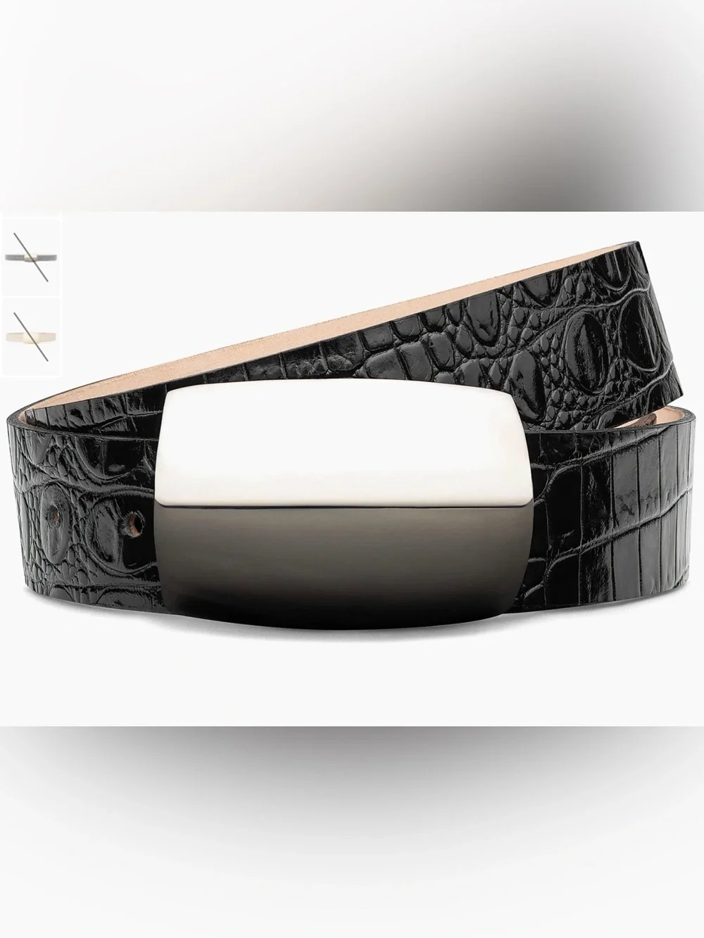 L'AGENCE Black Croc-Embossed Belt with Cream Statement Buckle